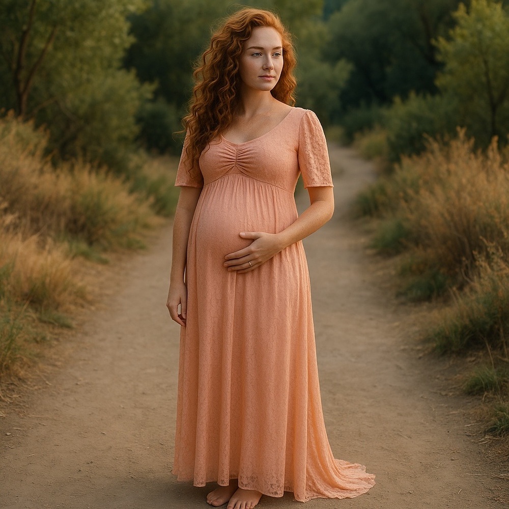 Peach color Maxi Maternity Gown with Puff Sleeves
